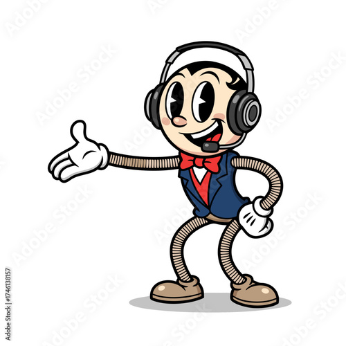 A vintage cartoon character mascot with a headset and suit stands on a white background. This cute retro illustration is ideal for digital media, showcasing a cheerful and communicative figure