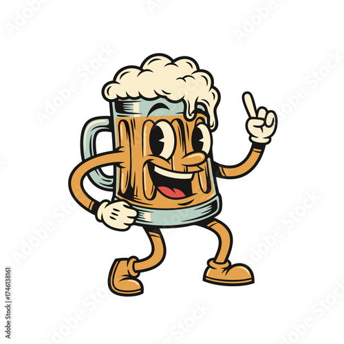 Vintage style cartoon mascot featuring a beer mug character with creamy foam brown handle cheerful expression and retro design illustration on white background. Fun and lighthearted drawing