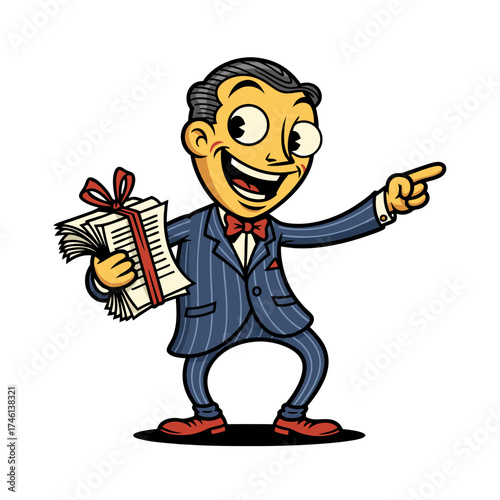 A cartoon man in a striped suit smiles and points while holding documents tied with a red ribbon. This cheerful, energetic character has a retro vintage look and exudes classic business charm