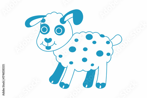 Adorable blue cartoon lamb stands cheerfully with polka dots along its fluffy body