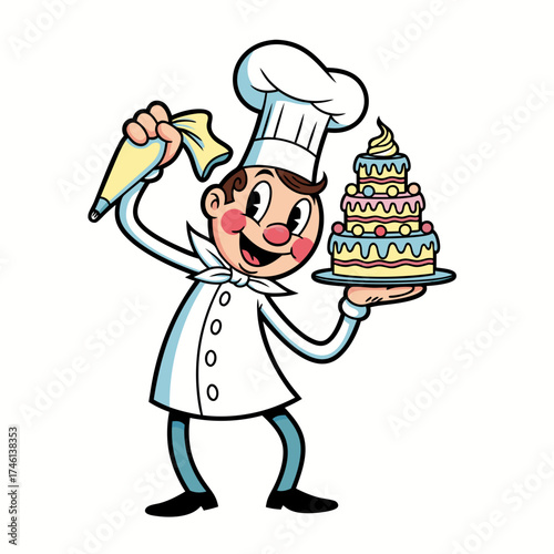 Cheerful vintage cartoon baker character in chef hat holding a multi layer cake and a pastry bag, design style with classic appeal, isolated on white background, perfect for retro themed graphic