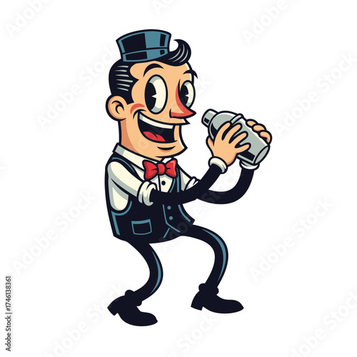 A vintage cartoon mascot of a bartender shaking a cocktail shaker. The character is cheerful and wears a black vest, bowtie, and blue hat, set against a white background. Pixel art texture