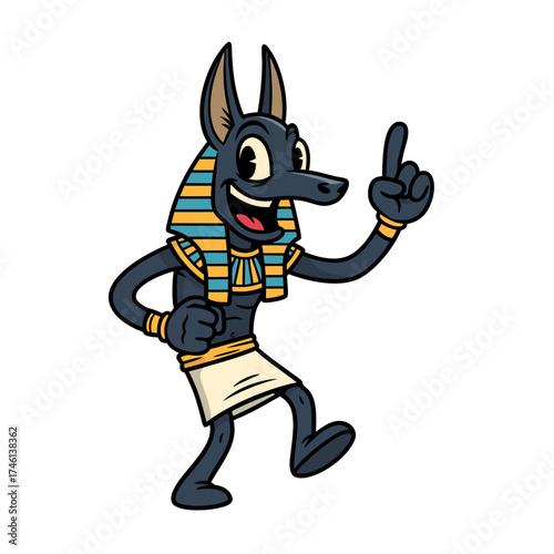 A vintage cartoon illustration of a jackal-headed god. The mascot features a dark gray jackal head adorned with a blue and gold striped headdress, wearing traditional attire, standing against a clean
