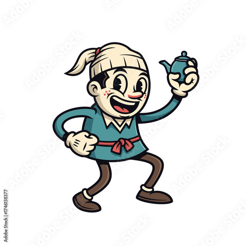 A vintage cartoon character is joyfully holding a teapot, clad in a teal tunic and brown pants, against a clean white backdrop. Detailed illustration with expressive pose, reminiscent of classic