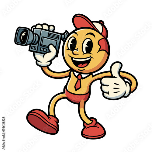 A vintage cartoon mascot character in red and beige is holding a video camera and gesturing thumbs up. The character is wearing a red hat shoes and shorts with a simple white background