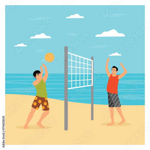 Beach volleyball concept. Volleyball Match On A Sunny Beach Between Friends.