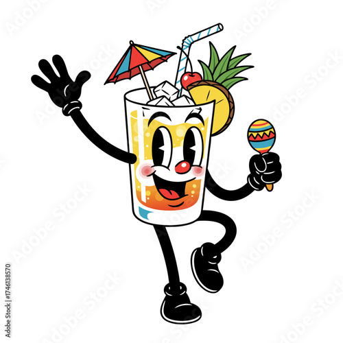 A vintage cartoon-style mascot character featuring a cocktail drink with orange and yellow hues, black limbs, an umbrella, and a maraca against a white background. The character has a cheerful
