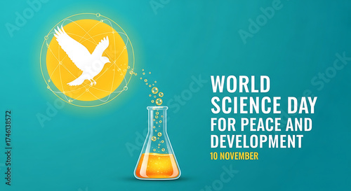 World science day for peace and development with dove and flask