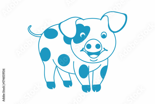 Adorable blue outlined piglet with dark blue polka dots smiles cheerfully on white