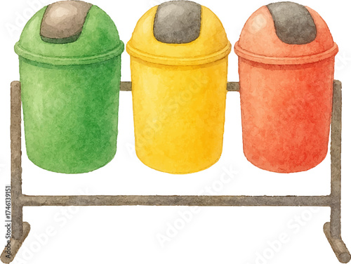 Watercolor Illustration of Recycling Bins