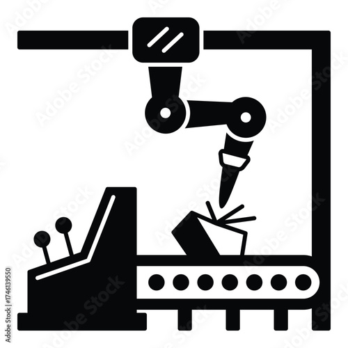 Automated Quality Control and Sorting System Glyph Vector: Robotic Manipulator Arm Working on a Conveyor Belt in an Industrial Manufacturing Environment
