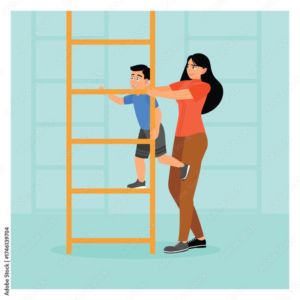 Fototapeta premium Playground facility concept. Mother Helps Boy Climb Ladder In Bright Indoor Gym Setting.