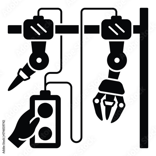 Industrial Control Panel and Dual Robotic Task Glyph Vector: Manual Operation of Two Automated Arms for Welding and Grasping in a Manufacturing Environment