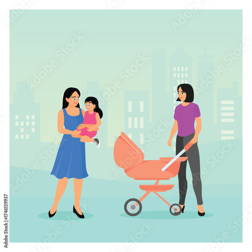 Happy mom concept. Mother With Child and Another Woman Pushing a Baby Stroller in City Park Scene.