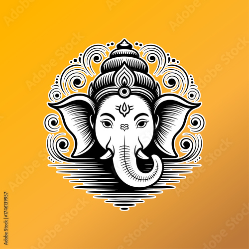 Detailed Vector Illustration of Lord Ganesha on Orange Gradient Background