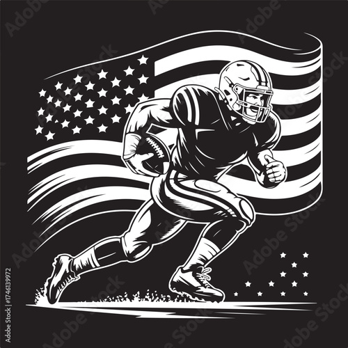 American football player runs with ball against flag