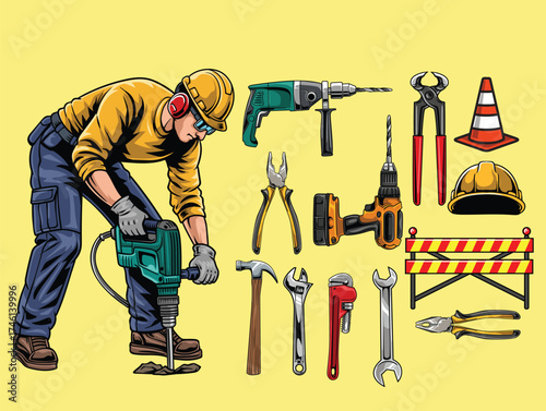 collection of construction worker assets with detailed retro illustration style