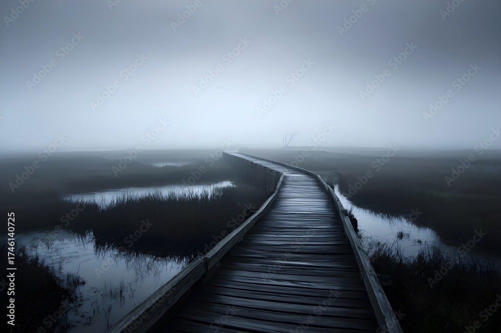 Naklejka premium Marshland Boardwalk Foggy Dawn Atmospheric Photo Serene Wetland Nature Landscape Misty Morning Scenic Path