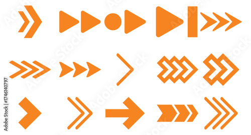 Collection of orange arrows pointing right, various styles and designs