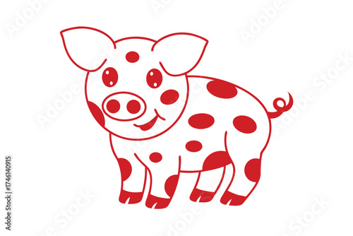 Adorable piglet with red spots and outlines on white background shows simplicity