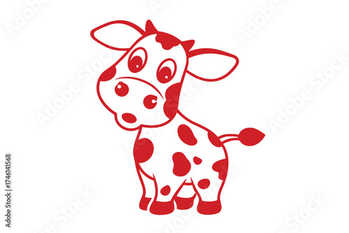Adorable red cow featuring large eyes and spots stands cheerfully against a white background