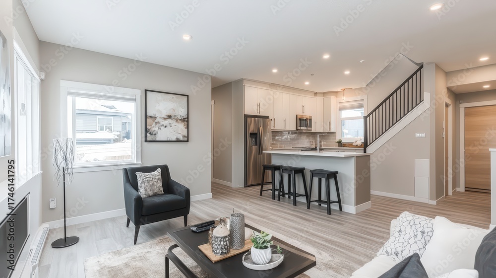 Fototapeta premium Minimalist living area with black accent chairs, neutral-toned abstract prints, and soft, inviting fabrics in cream and taupe.