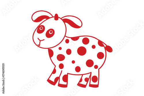Adorable white sheep with red spots outlined in red stands cheerfully facing left