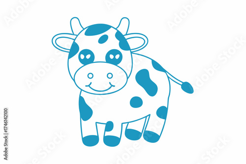 An adorable cartoon cow outline with blue spots stands happily on a white background