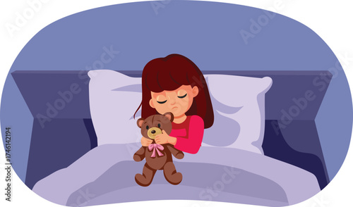 Sad Little Girl Sleeping with her Teddy Bear Vector Cartoon. Unhappy child feeling tired and alone during bedtime 
