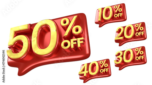 3D Package Red and gold Discount Labels 10 20 30 40 50 Percent Off with Transparent Background