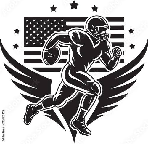 Dynamic American football player running with pride and power