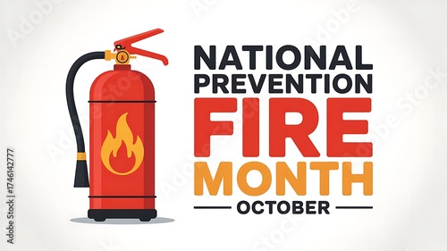 Celebrate national fire prevention month in october with a bright red fire extinguisher and bold text promoting safety awareness