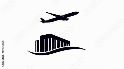 Silhouette of an airplane taking off above a stylized architectural structure.