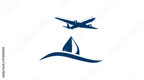 A stylized graphic shows a biplane flying above a sailboat on stylized waves, both rendered in a dark blue hue.