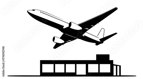 Airplane taking off from airport, with a modern building silhouette below.