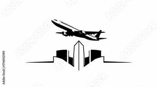 Airplane taking off above a stylized cityscape, depicted in a minimalist black and white design.