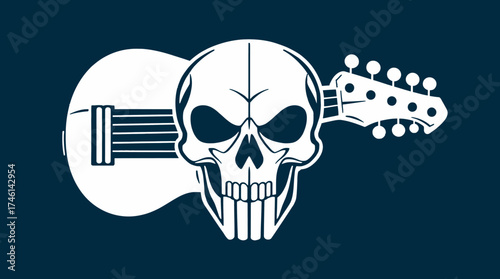 A white skull graphic with a guitar superimposed on a dark blue background.