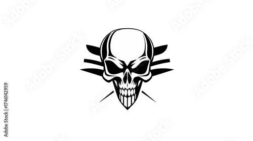 A stylized skull with wings, presented in a stark black and white composition.