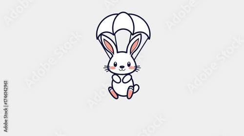 A cute cartoon bunny is floating down with a white parachute, smiling sweetly.