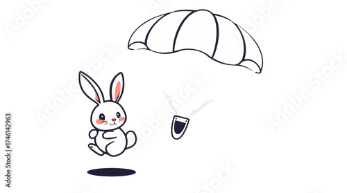 Cartoon illustration of a bunny jumping with a parachute.