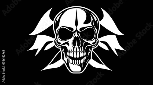 A stylized skull with horns and crossed bones on a black background, rendered in white.