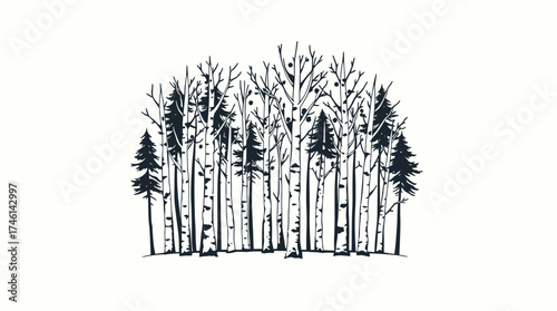 An illustration depicting a cluster of stylized trees with varying textures and heights, creating a forest scene.