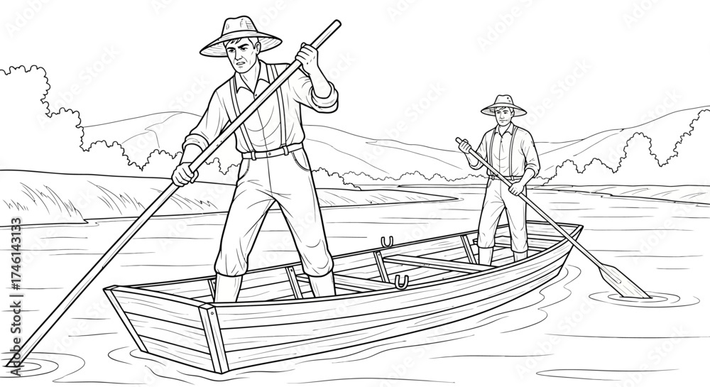 Obraz premium Two men in a rowboat on a river, one using a pole and the other using oars.