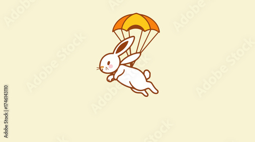 A cartoon rabbit with a parachute descending through the air.
