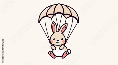 A cute cartoon bunny floats gently downwards attached to a parachute.