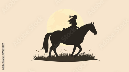 Silhouette of a woman riding a horse at sunset, peaceful scene.