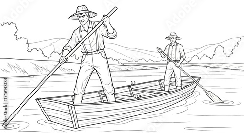 Two men in a rowboat on a river, one using a pole and the other using oars.