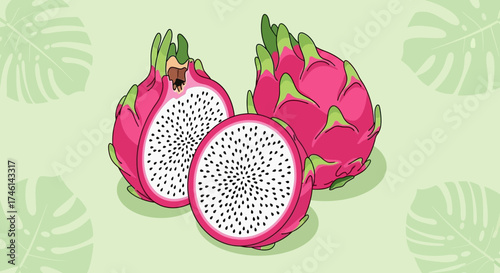 Three dragon fruits, one sliced in half, displayed against a light green background with leaf patterns.