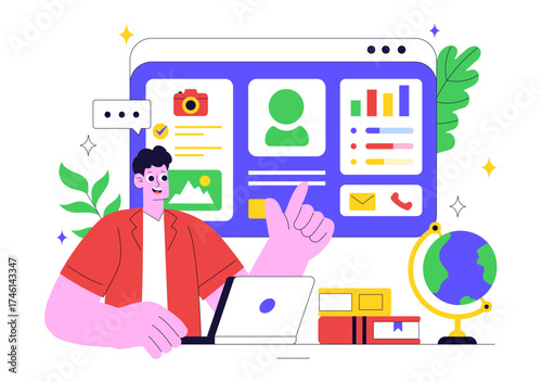 Personal Portfolio Vector Illustration with Profile Information, Resume, and Self Improvement Concept to Attract Clients and Employers in Background