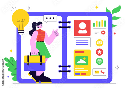 Personal Portfolio Vector Illustration with Profile Information, Resume, and Self Improvement Concept to Attract Clients and Employers in Background